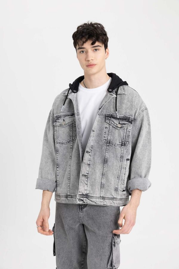 DEFACTO DEFACTO Oversize Fit Wide Mold Hooded Buttoned Pocket Jean Jacket