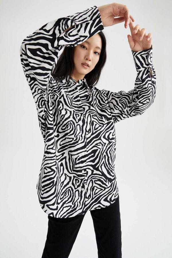 DEFACTO DEFACTO Oversize Fit Zebra Patterned Long Sleeve Poplin 100% Cotton Shirt