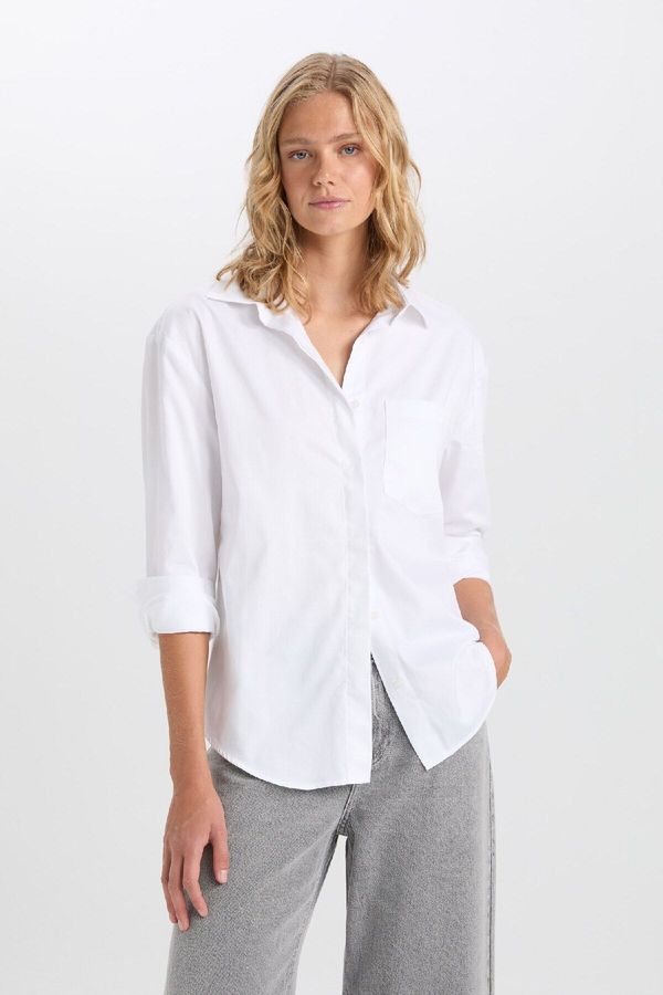 DEFACTO DEFACTO Oversize Shirt Collar Pocket Button Down Basic Plain Poplin Long Sleeve White Shirt