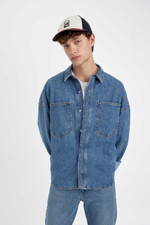 DEFACTO DEFACTO Oversize Wide Fit Cotton Jean Long Sleeve Basic Shirt