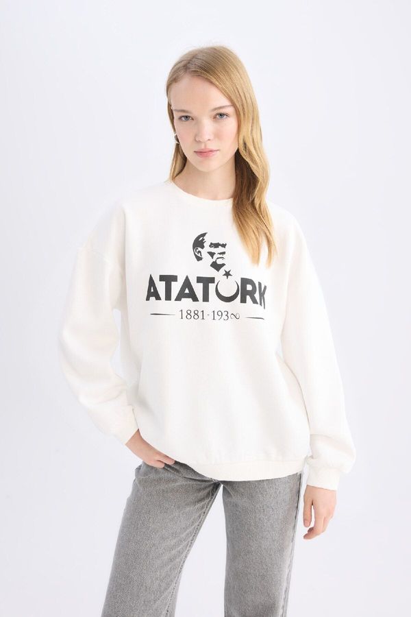 DEFACTO DEFACTO Oversize Wide Pattern Crew Neck Atatürk Printed Sweatshirt