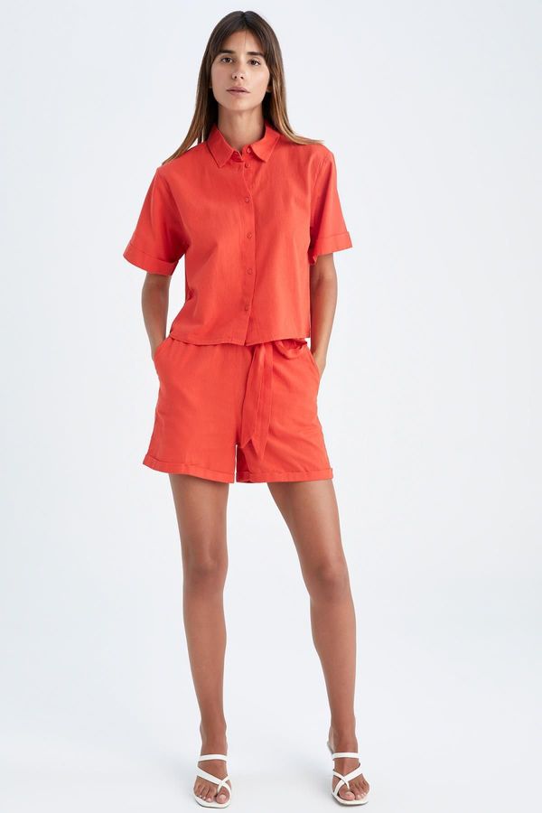 DEFACTO DEFACTO Paper Bag High Waist Belt Detail Linen Blended Bermuda Shorts