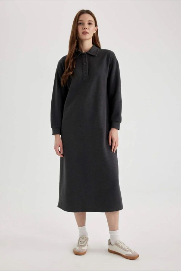 DEFACTO DEFACTO Regular Fit Buttoned Shirt Collar Basic Plain Long Sleeve Thessaloniki Fabric Knit Dress