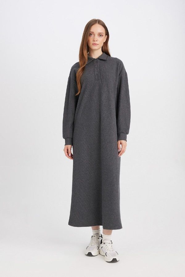 DEFACTO DEFACTO Regular Fit Buttoned Shirt Collar Basic Plain Long Sleeve Thessaloniki Fabric Knit Dress