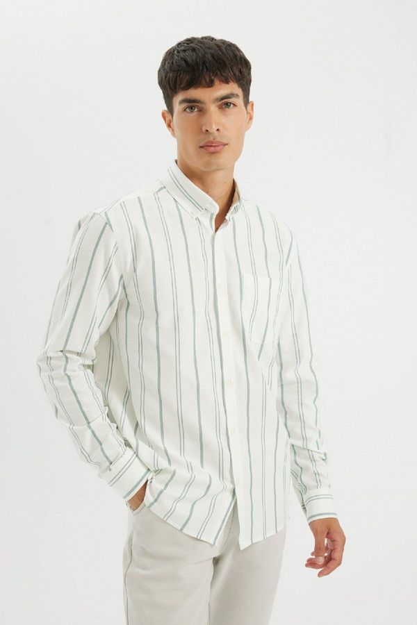 DEFACTO DEFACTO Regular Fit Polo Collar Striped Oxford Long Sleeve Shirt