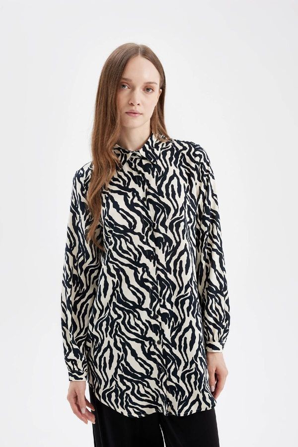 DEFACTO DEFACTO Regular Fit Shirt Collar Zebra Patterned Viscose Long Sleeve Shirt Tunic