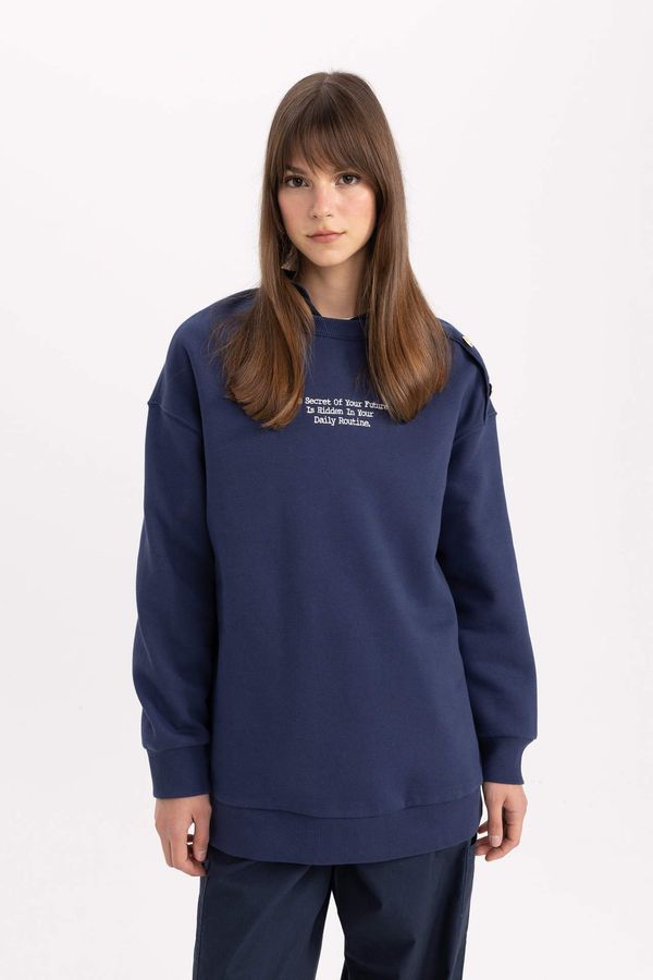 DEFACTO DEFACTO Regular Fit Thick Sweatshirt Fabric Crew Neck Slogan Sweat Tunic