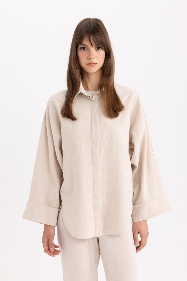 DEFACTO DEFACTO Relax Fit Linen Blend Long Sleeve Shirt Tunic