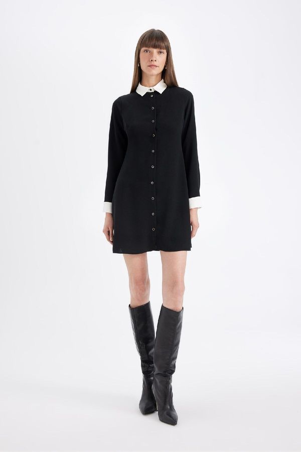 DEFACTO DEFACTO Shirt Collar Basic Plain Button Closure Crepe Long Sleeve Mini Black Dress