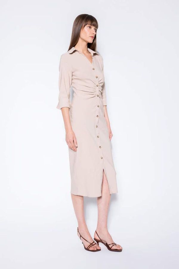 DEFACTO DEFACTO Shirt Collar Basic Plain Button Closure Waistline Gathered Bengaline Half Sleeve Dress