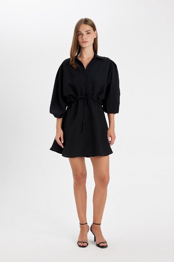 DEFACTO DEFACTO Shirt Collar Modal Batwing Sleeve Mini Dress