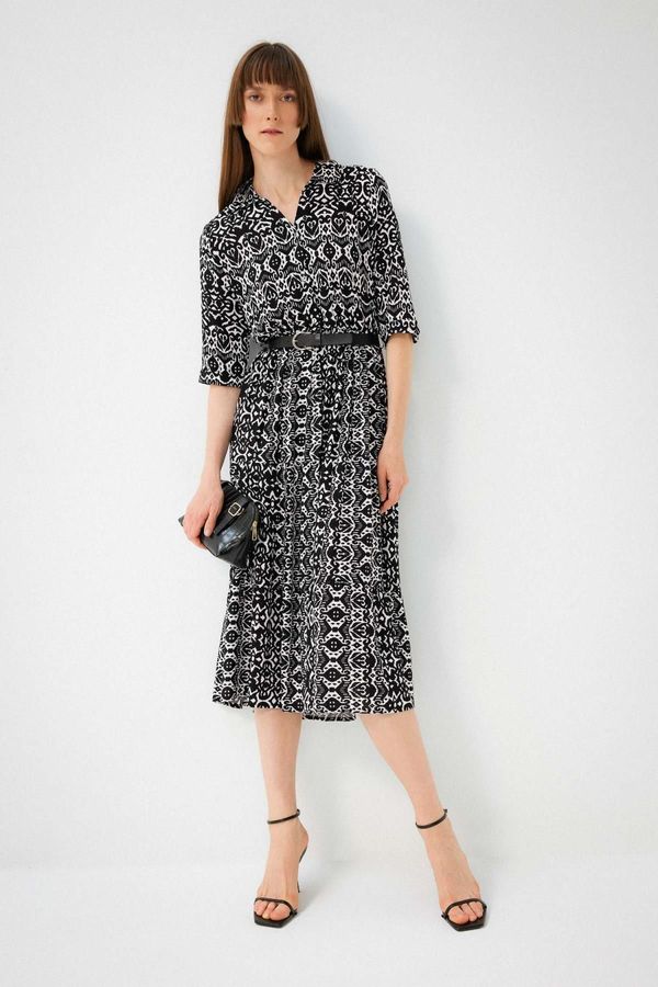 DEFACTO DEFACTO Shirt Collar Patterned Half Sleeve Midi Dress