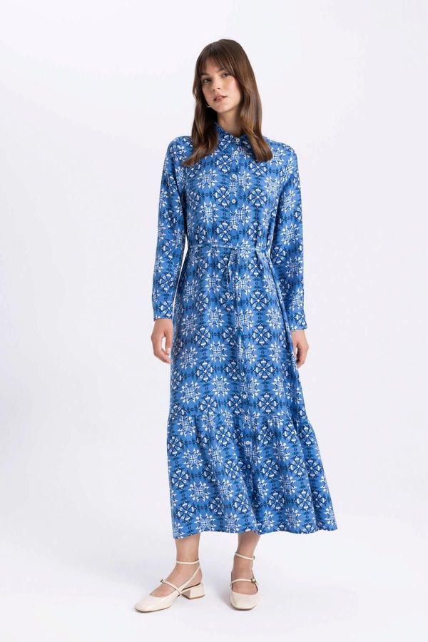 DEFACTO DEFACTO Shirt Collar Patterned Long Sleeve Basic Maxi Dress