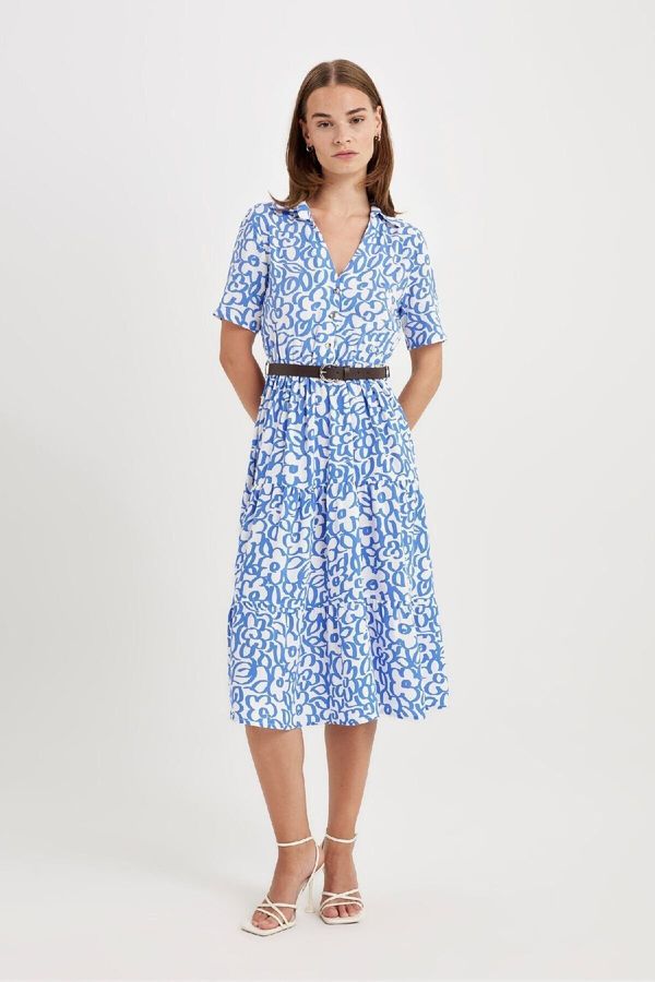 DEFACTO DEFACTO Shirt Collar Patterned Short Sleeve Midi Dress