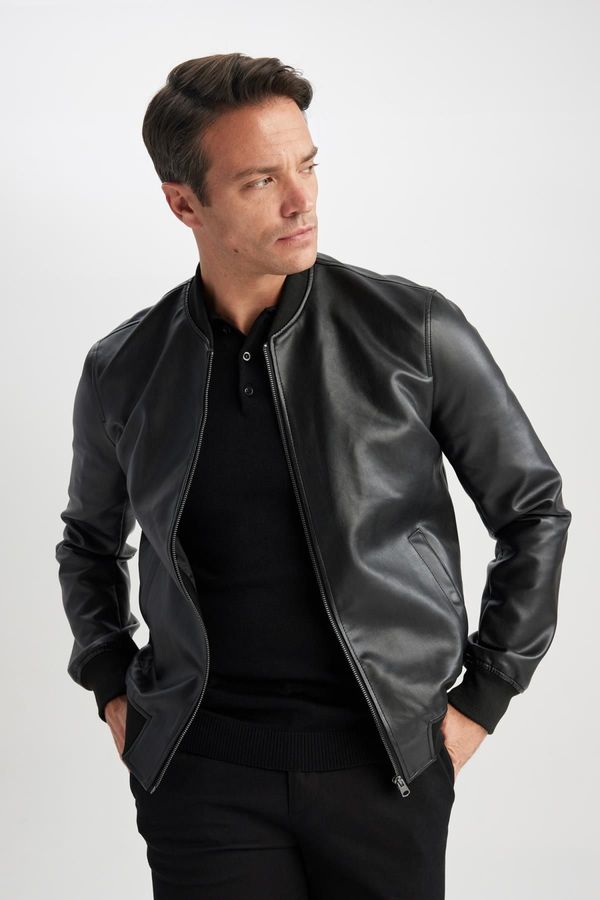 DEFACTO DEFACTO Slim Fit College Collar Bomber Lined Faux Leather Faux Leather Coat