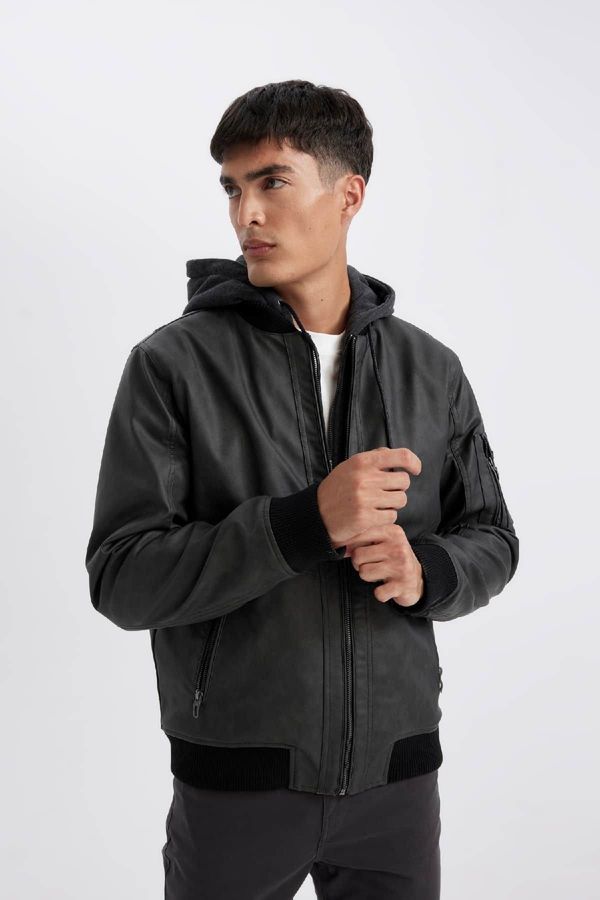 DEFACTO DEFACTO Slim Fit Hooded Faux Leather Jacket