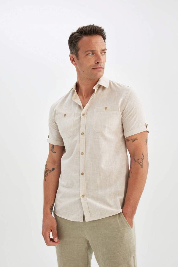 DEFACTO DEFACTO Slim Fit Polo Neck Linen Look Short Sleeve Shirt