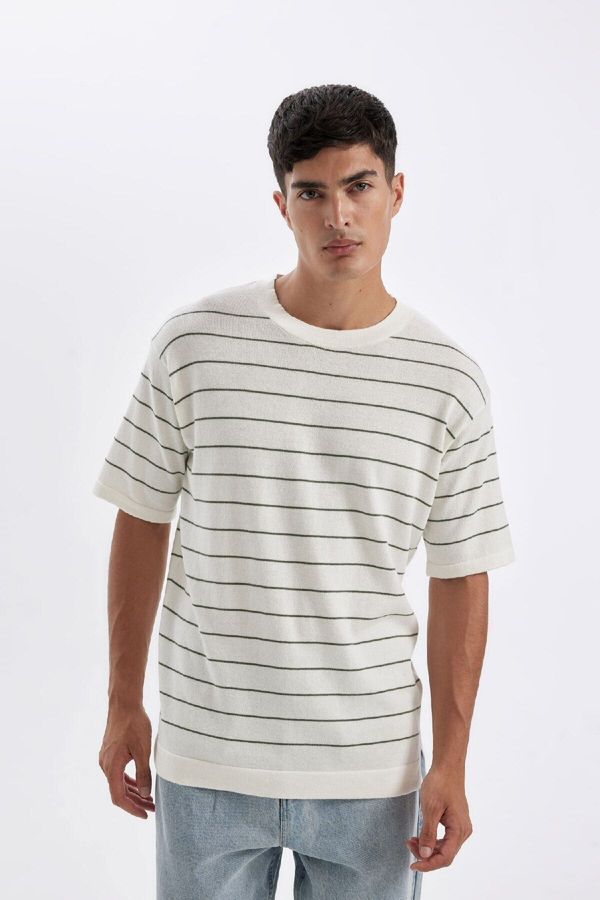 DEFACTO DEFACTO Standard Fit Crew Neck Cotton Striped Short Sleeve T-Shirt