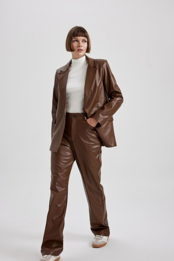 DEFACTO DEFACTO Straight Fit Pocketed High Waist Straight Leg Faux Leather Trousers