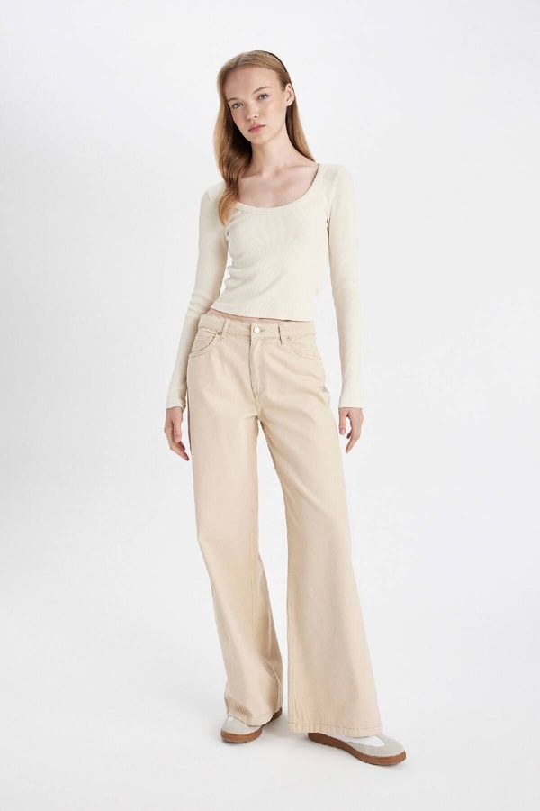 DEFACTO DEFACTO Wide Leg Wide Leg Regular Waist Plain Basic Gabardine Beige Trousers