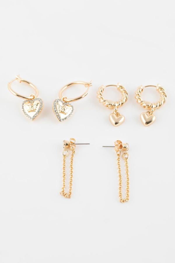 DEFACTO DEFACTO Women's 3-Piece Gold Earrings with Heart Motif