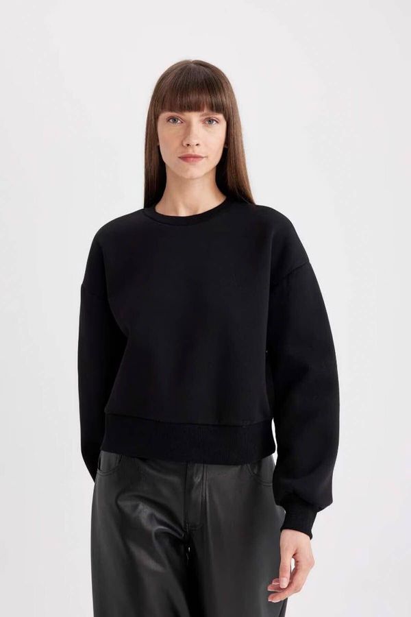 DEFACTO DEFACTO Women's Black Boxy Fit Crew Neck Thick Basic Plain Sweatshirt