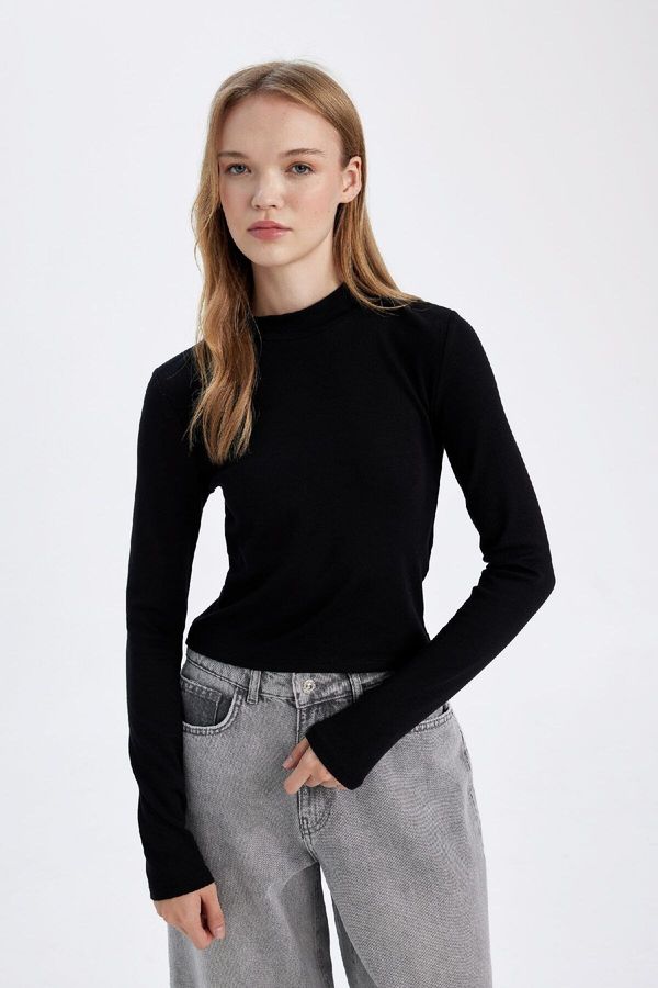 DEFACTO DEFACTO Women's Black Fitted Bodycon Half Turtleneck Modal Basic Plain Long Sleeve T-Shirt