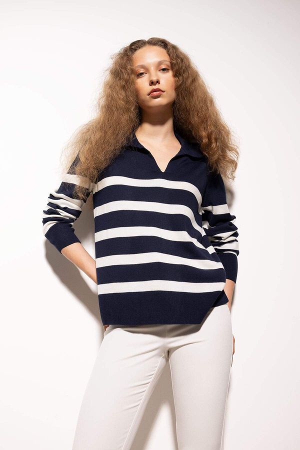 DEFACTO DEFACTO Women's Navy Blue Regular Fit Polo Collar Striped Basic Plain Knitwear Sweater