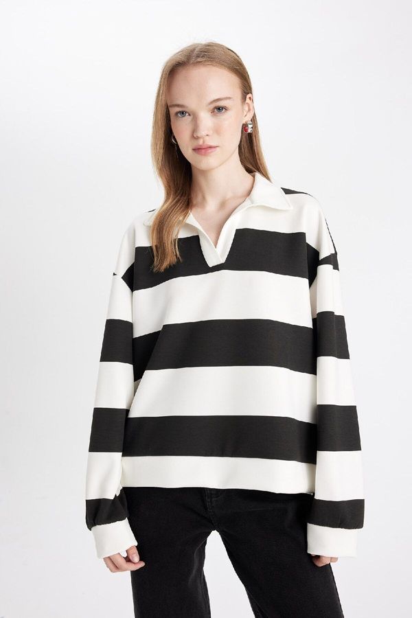 DEFACTO DEFACTO Women's Oversize Fit Wide Mold Striped Polo Neck Thick Sweatshirt