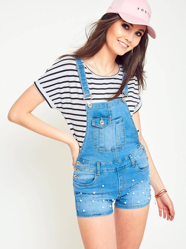 DS FASHION Denim dungarees shorts with blue pearls