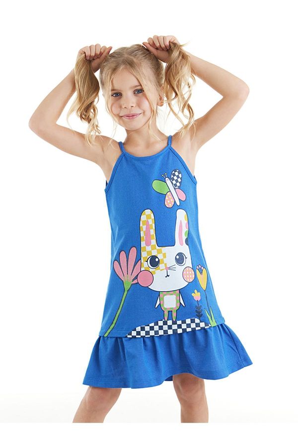 Denokids Denokids Checkered Rabbit Girl's Blue Strappy Summer Dress