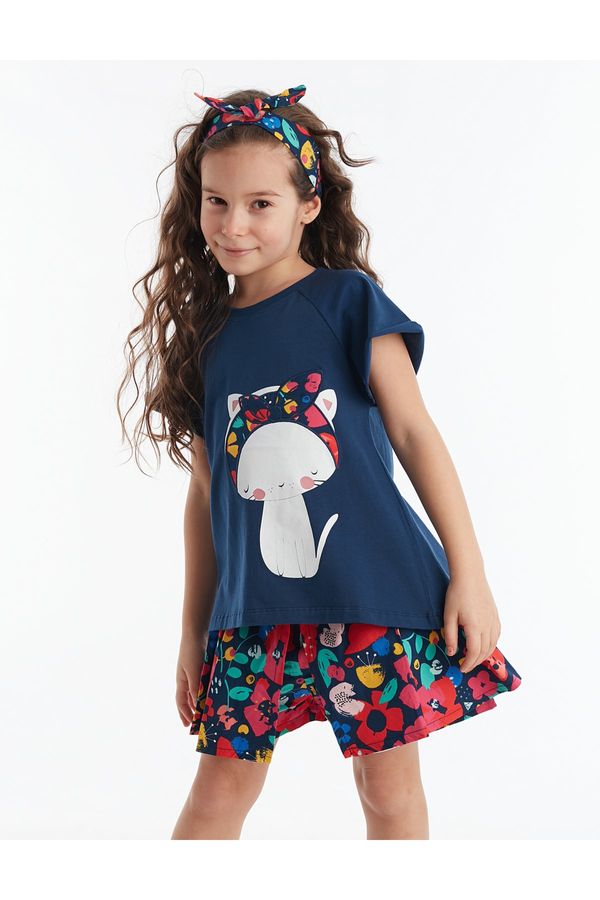 Denokids Denokids Floral Cat Girl Kids T-shirt Poplin Shorts Set