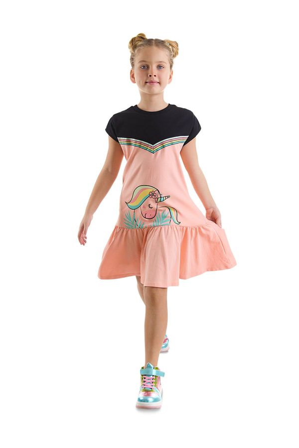 Denokids Denokids Floral Unicorn Girl's Salmon Black Summer Combed Cotton Dress