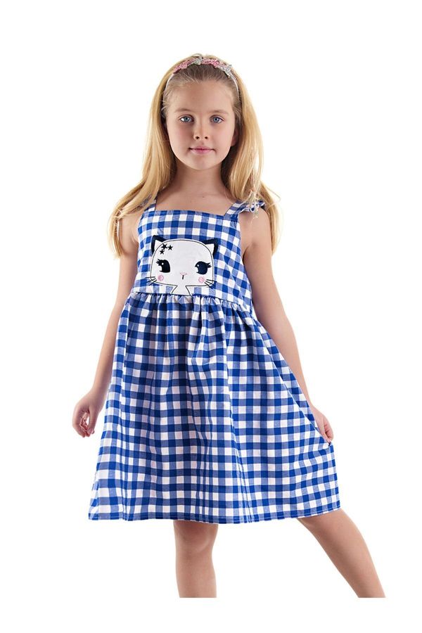 Denokids Denokids Navy Blue Star Cat Girl's Plaid Summer Strap Dress