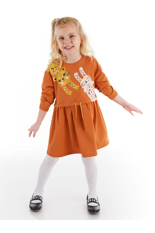 Denokids Denokids Orange Leopard Elastic Waist Long Sleeve Girl's Dress