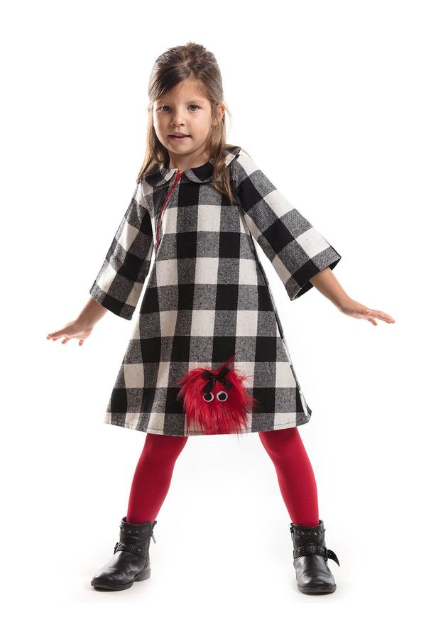 Denokids Denokids Pompom Girl Child Black White Plaid Long Sleeve Winter Dress