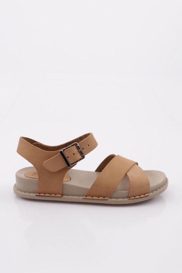 DGN DGN P31 Women's Cross Strap Sandals Genuine Leather Beige Nubuck