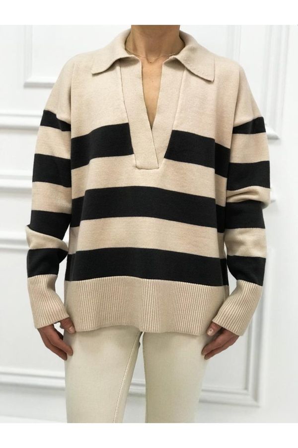 Dilvin Dilvin 10325 Polo Neck Striped Sweater