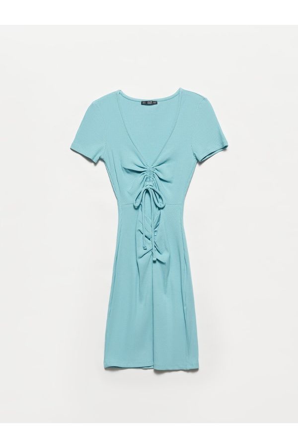 Dilvin Dilvin 9133 V-Neck Dress with Pleated Front-turquoise