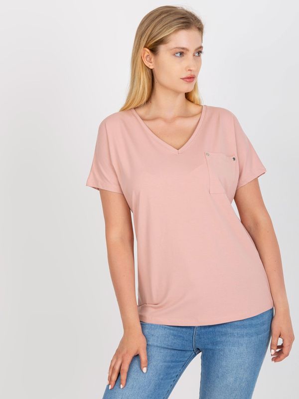 Fashionhunters Dusty pink T-shirt plus sizes with V-neck