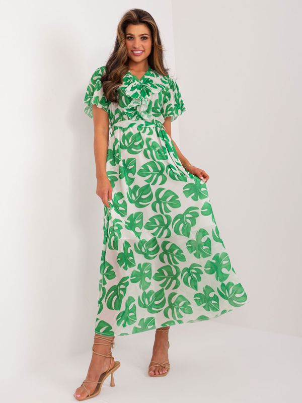 Fashionhunters Ecru-Green Flared Dress with Belt