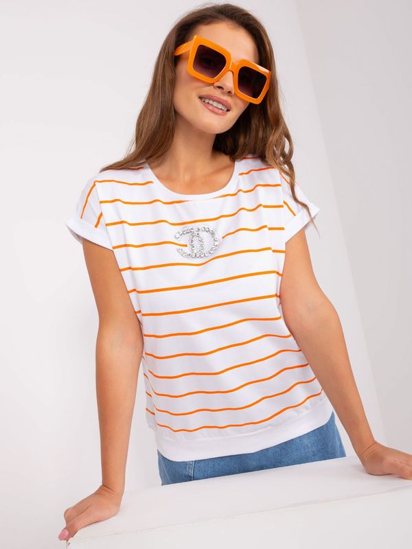 Fashionhunters Ecru-orange striped blouse with appliqués