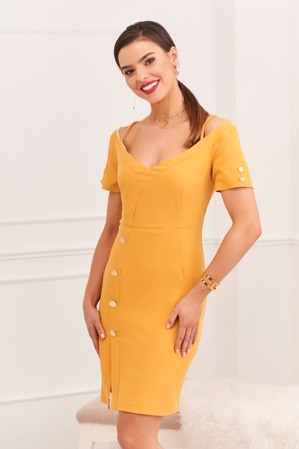 FASARDI Elegant dress with mustard carmen neckline