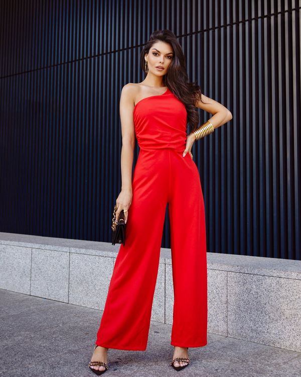 FASARDI Elegant one-shoulder overall with wide red legs