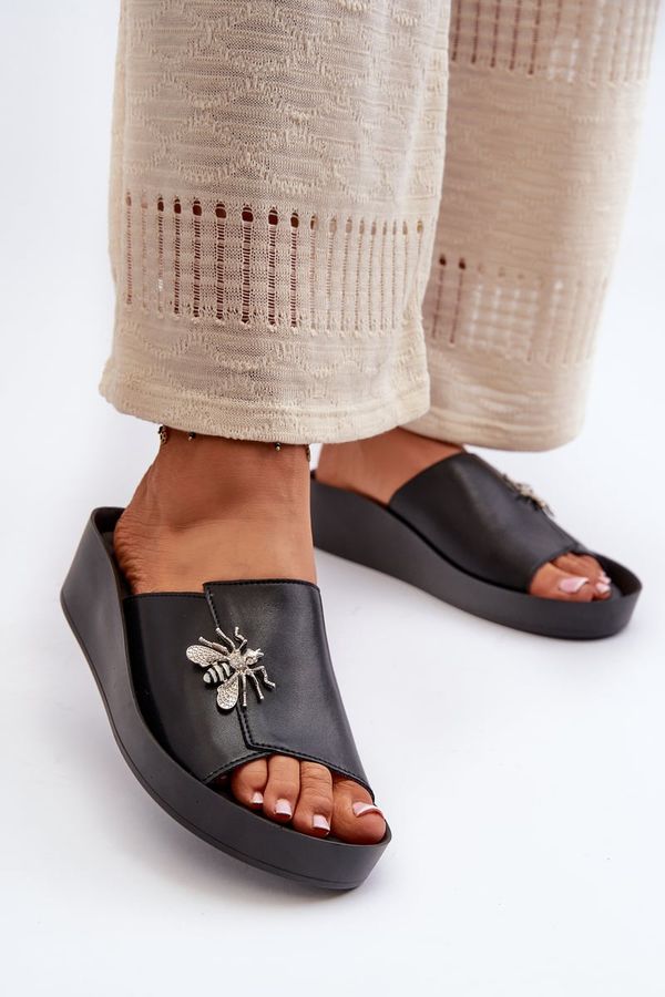 Kesi Elegant women's slippers with embellishments, natural leather S.Barski Black