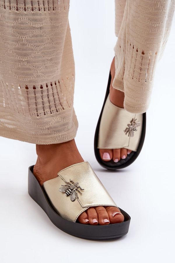 Kesi Elegant women's slippers with embellishments, natural leather S.Barski Gold