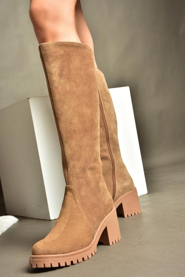 Fox Shoes Fox Shoes R654047702 Tan Genuine Leather Suede Women's Boots With Thick Heels