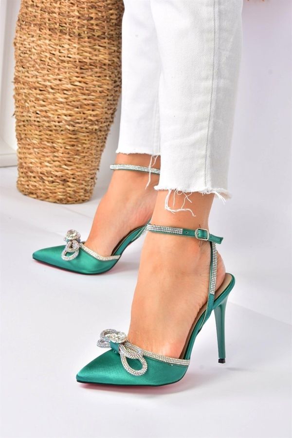 Fox Shoes Fox Shoes Women's Heeled Shoes with Green Satin Fabric and Stones