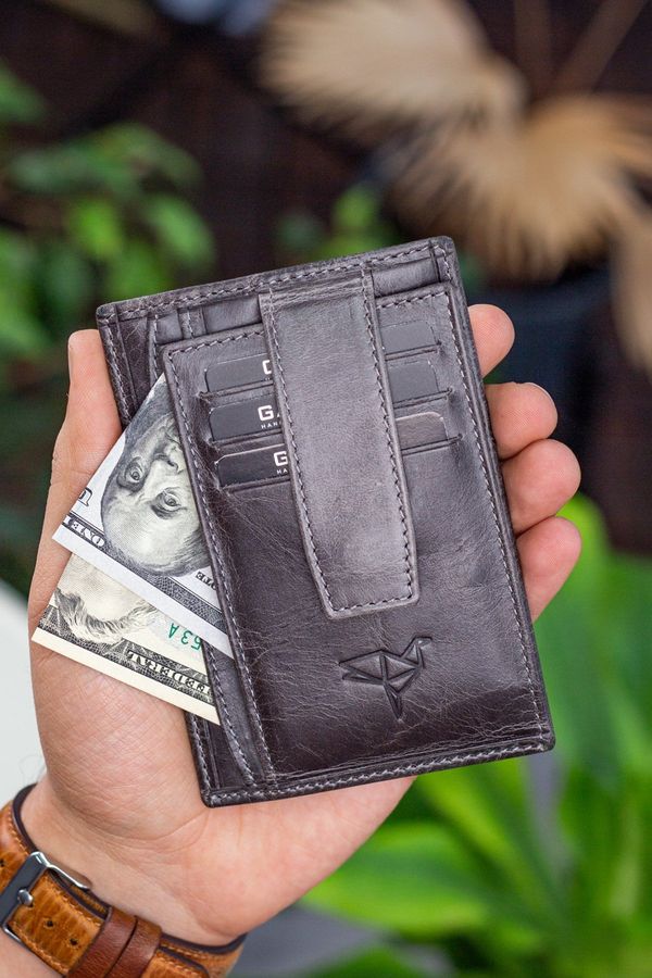 Garbalia Garbalia Nevada Crazy Leather Gray Unisex Card Holder Wallet with Coin Compartment