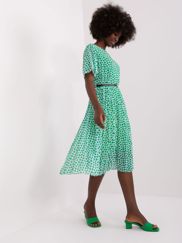 Fashionhunters Green-and-white midi dress with print and belt